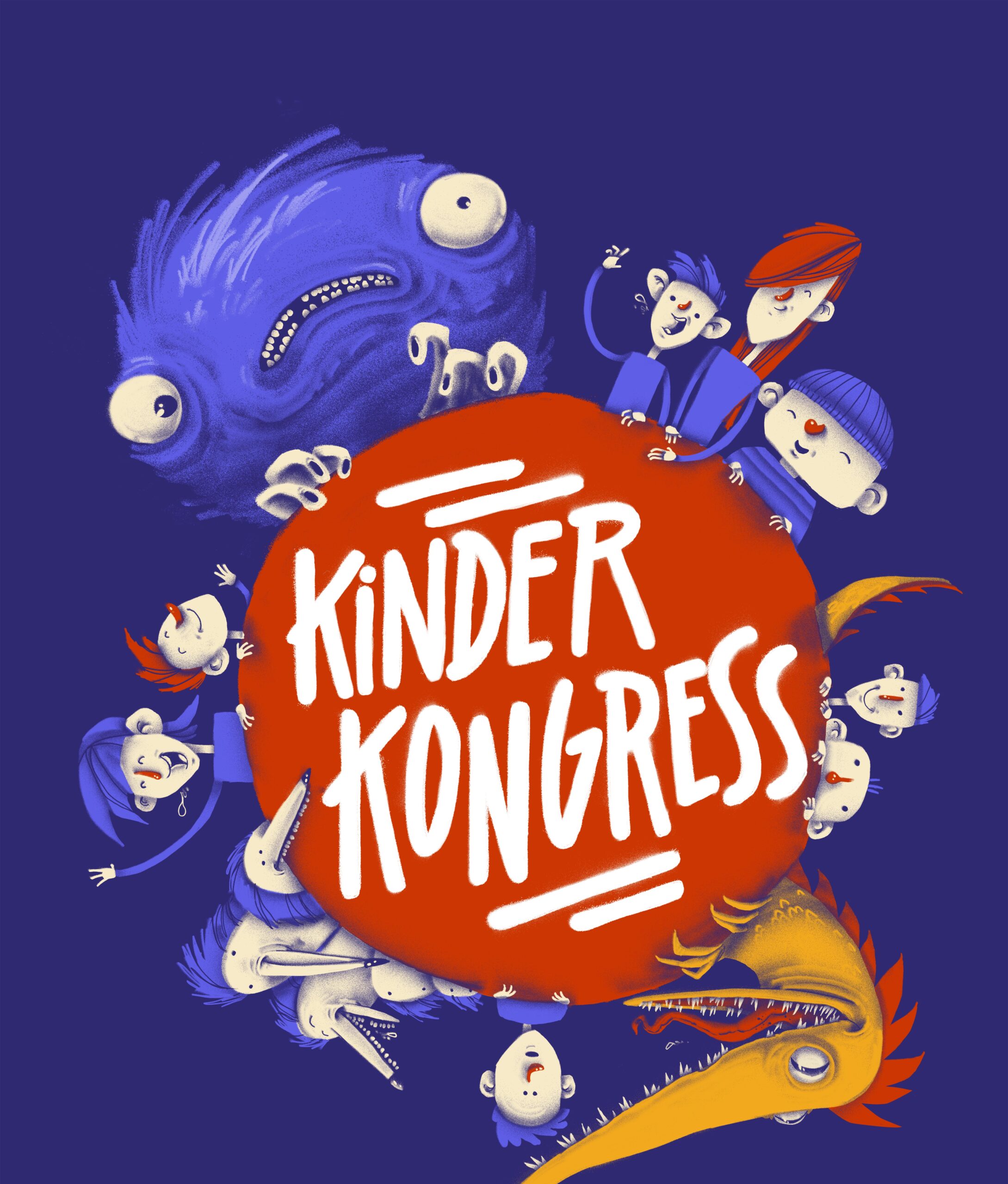 Logo des Kinderkongresses mit Kindern und Fantasiefiguren rund um einen roten Kreis mit der Aufschrift „Kinderkongress“
